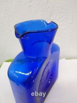 Vintage Blenko Glass Cobalt Double-Spout Water Pitcher/Vase with Original Sticker