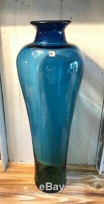 Vintage Blenko Glass Cobalt to Yellow Fade 24.5 Floor Vase Handmade with Sticker