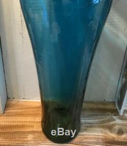 Vintage Blenko Glass Cobalt to Yellow Fade 24.5 Floor Vase Handmade with Sticker