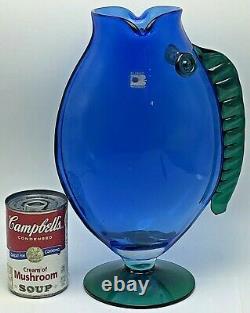 Vintage Blenko Glass Figural Fish Vase Handmade Blue Green Art Blown Pedestal