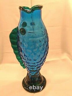 Vintage Blenko Handmade Glass Fish Vase Hank Adams Cobalt Blue/Emerald Green