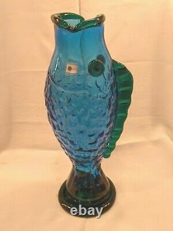 Vintage Blenko Handmade Glass Fish Vase Hank Adams Cobalt Blue/Emerald Green