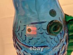 Vintage Blenko Handmade Glass Fish Vase Hank Adams Cobalt Blue/Emerald Green