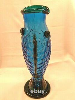 Vintage Blenko Handmade Glass Fish Vase Hank Adams Cobalt Blue/Emerald Green