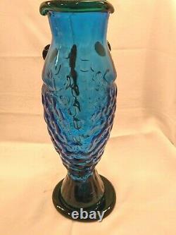 Vintage Blenko Handmade Glass Fish Vase Hank Adams Cobalt Blue/Emerald Green