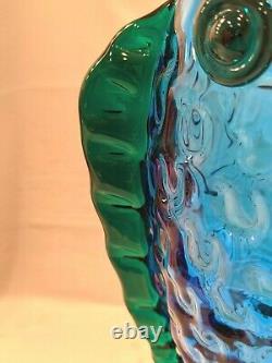 Vintage Blenko Handmade Glass Fish Vase Hank Adams Cobalt Blue/Emerald Green