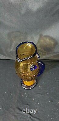 Vintage Blenko Handmade Glass Fish Vase Hank Adams Cobalt Blue/Yellow Green