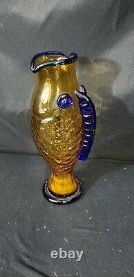 Vintage Blenko Handmade Glass Fish Vase Hank Adams Cobalt Blue/Yellow Green