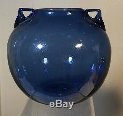 Vintage Blenko Seeded Glass Vase With Handles Pre Designer Blue Old