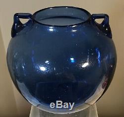 Vintage Blenko Seeded Glass Vase With Handles Pre Designer Blue Old