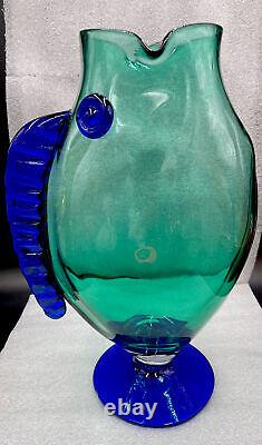 Vintage Blenko Teal & Cobalt Blue Art Glass Fish Sculpture Vase 12 1/4