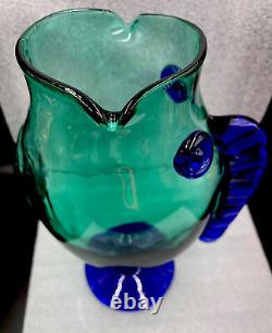 Vintage Blenko Teal & Cobalt Blue Art Glass Fish Sculpture Vase 12 1/4