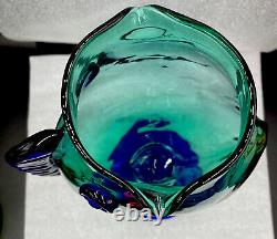 Vintage Blenko Teal & Cobalt Blue Art Glass Fish Sculpture Vase 12 1/4