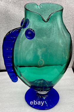 Vintage Blenko Teal & Cobalt Blue Art Glass Fish Sculpture Vase 12 1/4