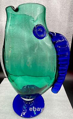 Vintage Blenko Teal & Cobalt Blue Art Glass Fish Sculpture Vase 12 1/4