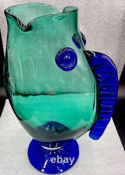 Vintage Blenko Teal & Cobalt Blue Art Glass Fish Sculpture Vase 12 1/4