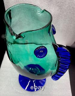 Vintage Blenko Teal & Cobalt Blue Art Glass Fish Sculpture Vase 12 1/4