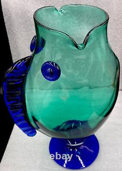 Vintage Blenko Teal & Cobalt Blue Art Glass Fish Sculpture Vase 12 1/4