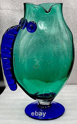 Vintage Blenko Teal & Cobalt Blue Art Glass Fish Sculpture Vase 12 1/4