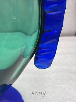 Vintage Blenko Teal & Cobalt Blue Art Glass Fish Sculpture Vase 12 1/4