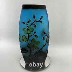 Vintage Blue Layered Galle Style Flower Blossom Cameo Art Glass 10 Vase Frosted
