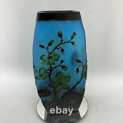 Vintage Blue Layered Galle Style Flower Blossom Cameo Art Glass 10 Vase Frosted