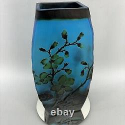 Vintage Blue Layered Galle Style Flower Blossom Cameo Art Glass 10 Vase Frosted