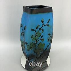 Vintage Blue Layered Galle Style Flower Blossom Cameo Art Glass 10 Vase Frosted