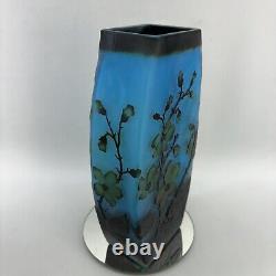 Vintage Blue Layered Galle Style Flower Blossom Cameo Art Glass 10 Vase Frosted