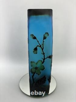 Vintage Blue Layered Galle Style Flower Blossom Cameo Art Glass 10 Vase Frosted