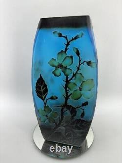 Vintage Blue Layered Galle Style Flower Blossom Cameo Art Glass 10 Vase Frosted