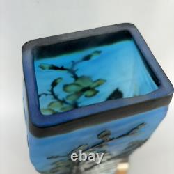 Vintage Blue Layered Galle Style Flower Blossom Cameo Art Glass 10 Vase Frosted