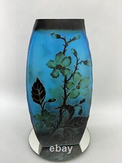 Vintage Blue Layered Galle Style Flower Blossom Cameo Art Glass 10 Vase Frosted