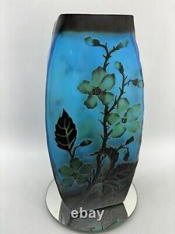 Vintage Blue Layered Galle Style Flower Blossom Cameo Art Glass 10 Vase Frosted
