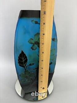 Vintage Blue Layered Galle Style Flower Blossom Cameo Art Glass 10 Vase Frosted