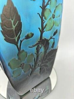 Vintage Blue Layered Galle Style Flower Blossom Cameo Art Glass 10 Vase Frosted
