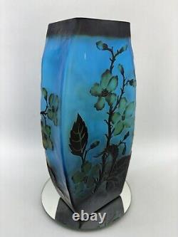 Vintage Blue Layered Galle Style Flower Blossom Cameo Art Glass 10 Vase Frosted