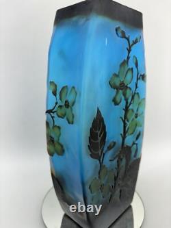 Vintage Blue Layered Galle Style Flower Blossom Cameo Art Glass 10 Vase Frosted