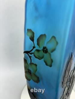 Vintage Blue Layered Galle Style Flower Blossom Cameo Art Glass 10 Vase Frosted