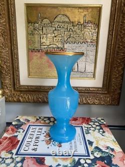 Vintage Blue MURANO Opaline Glass Vase Gold Brass Trim 8.5h