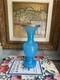 Vintage Blue MURANO Opaline Glass Vase Gold Brass Trim 8.5h