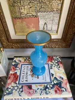 Vintage Blue MURANO Opaline Glass Vase Gold Brass Trim 8.5h