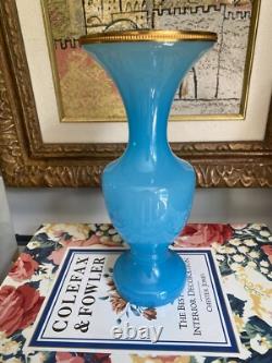 Vintage Blue MURANO Opaline Glass Vase Gold Brass Trim 8.5h
