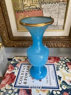 Vintage Blue MURANO Opaline Glass Vase Gold Brass Trim 8.5h