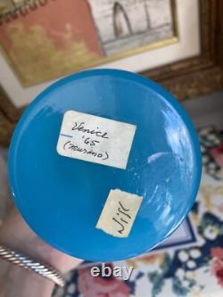 Vintage Blue MURANO Opaline Glass Vase Gold Brass Trim 8.5h