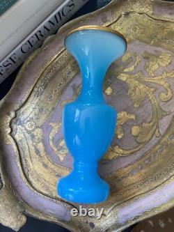Vintage Blue MURANO Opaline Glass Vase Gold Brass Trim 8.5h