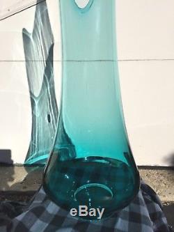 Vintage Blue Stretched Swung Glass Floor Vase 34 Tall HUGE