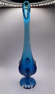 Vintage Blue Viking Art Glass Mid-Century Modern Ribbed 11 Swung Vase