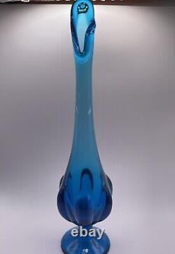 Vintage Blue Viking Art Glass Mid-Century Modern Ribbed 11 Swung Vase