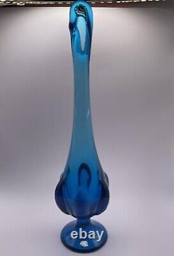 Vintage Blue Viking Art Glass Mid-Century Modern Ribbed 11 Swung Vase